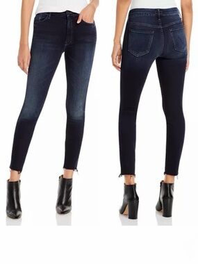 MOTHER The Looker Last Call Dark Blue High-Rise Frayed Skinny Jeans, Size 29